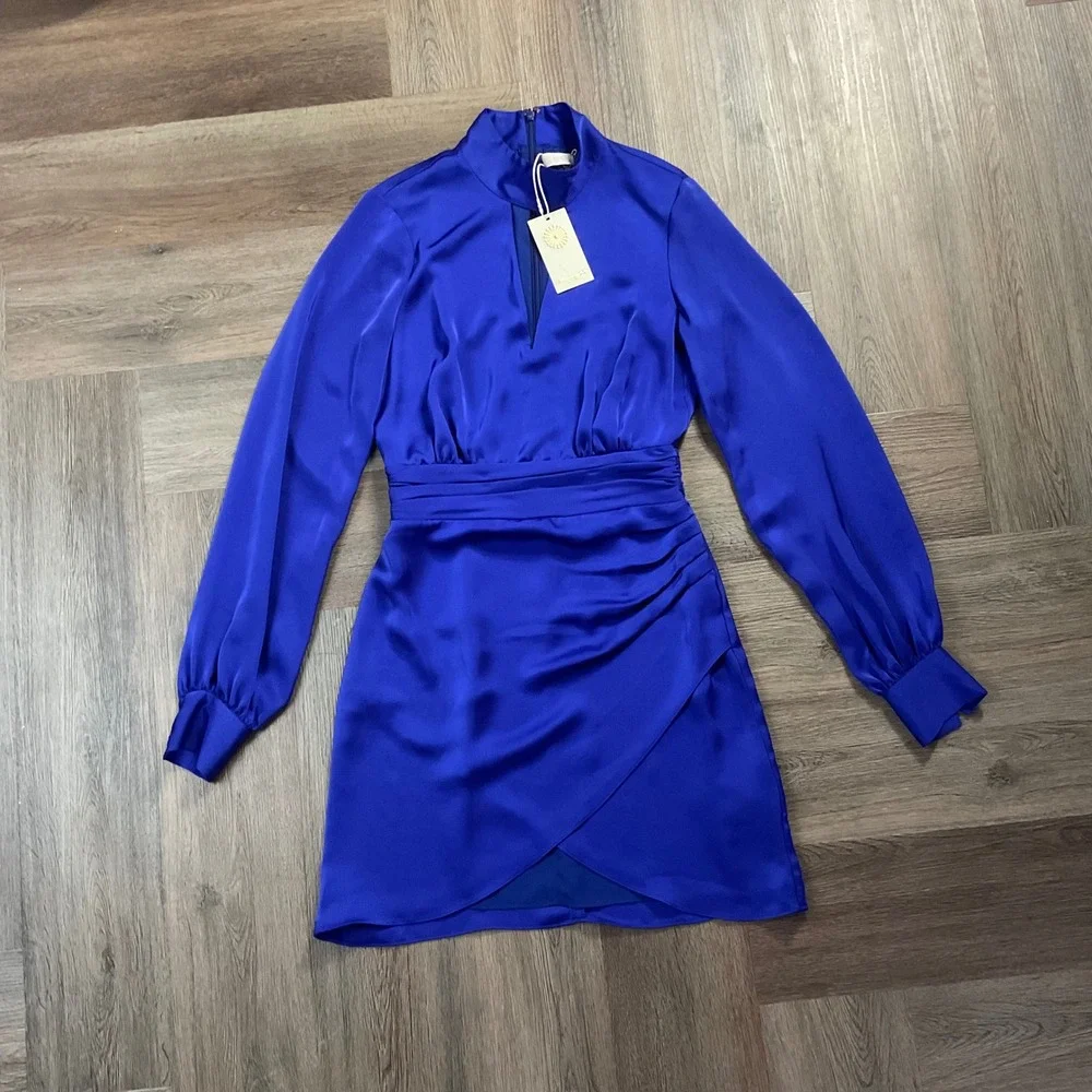 NWT Ramy Brook Angela Satin Mock Neck Keyhole Mini Dress Womens 0 Blue Purple